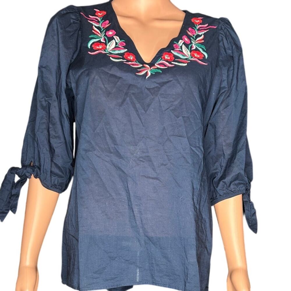 Pioneer Women Navy Embroidered Peasant Blouse sz S